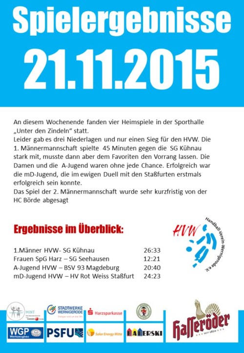 Spielergebnisse vom 21.11.15